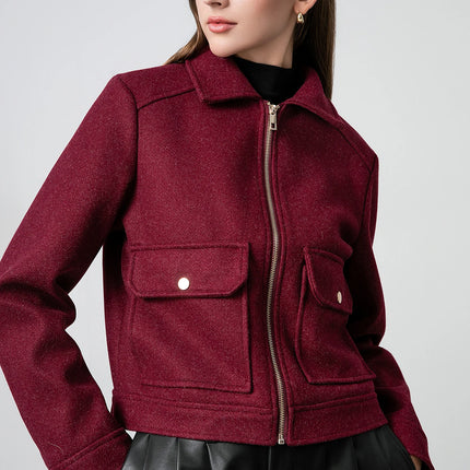 KONDALA Red Bordeaux Loose Jakcets Women Zipper Pockets Short Coats Fashion 2025 Autmn Elegant Bomer Jackets Elegant Outwears
