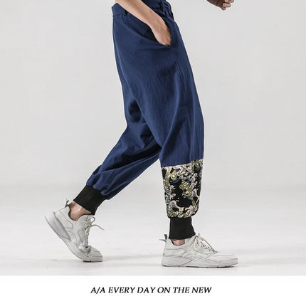 Pantaloni da uomo Costume da samurai giapponese Ukiyo-e Cintura con stampa Pantaloni stile harem da uomo in cotone e lino Pantaloni casual Harajuku da uomo Taglie forti 5XL