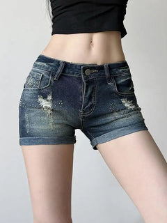 American Vintage Short Jeans Low Waist Denim Distressed Bodycon Y2K Women Casual Streetwear Kawaii Retro Button Summer Patchwork