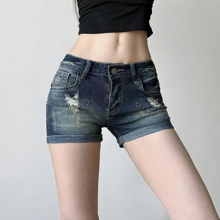 American Vintage Short Jeans Low Waist Denim Distressed Bodycon Y2K Women Casual Streetwear Kawaii Retro Button Summer Patchwork PlatiNum