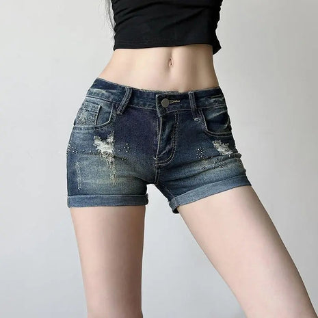 American Vintage Short Jeans Low Waist Denim Distressed Bodycon Y2K Women Casual Streetwear Kawaii Retro Button Summer Patchwork PlatiNum