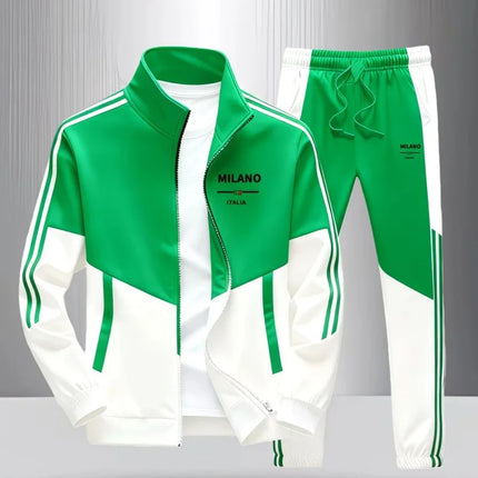 Men 2 Piece Tracksuit Fashion Milano Italia Print Stand Collar Full Zip Jacket Drawstring Jogger Suits Athletic Casual Outfit