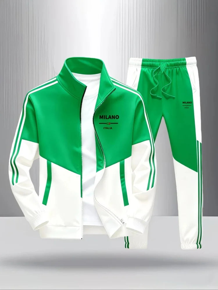 Men 2 Piece Tracksuit Fashion Milano Italia Print Stand Collar Full Zip Jacket Drawstring Jogger Suits Athletic Casual Outfit
