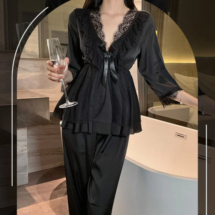 Set di indumenti da notte per la casa in raso di pizzo e pizzo da donna, pantaloni con top in pizzo dolce a V profondo, due pezzi di vestiti per la casa di grandi dimensioni bianco nero viola