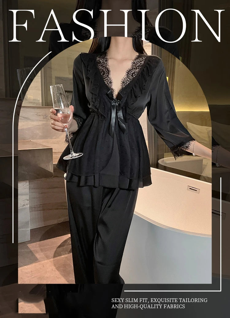 Set di indumenti da notte per la casa in raso di pizzo e pizzo da donna, pantaloni con top in pizzo dolce a V profondo, due pezzi di vestiti per la casa di grandi dimensioni bianco nero viola