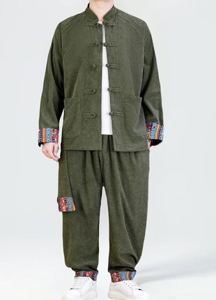 2026 Uomini di Stile Cinese Retro Tang Vestito Da Uomo di Velluto A Coste Patchwork Set Stampato Int