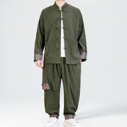 2026 Uomini di Stile Cinese Retro Tang Vestito Da Uomo di Velluto A Coste Patchwork Set Stampato Intrattenimento Musiche E Canzoni Mens Vintage Stampa Set Maschile Casual Kung Fu Vestito