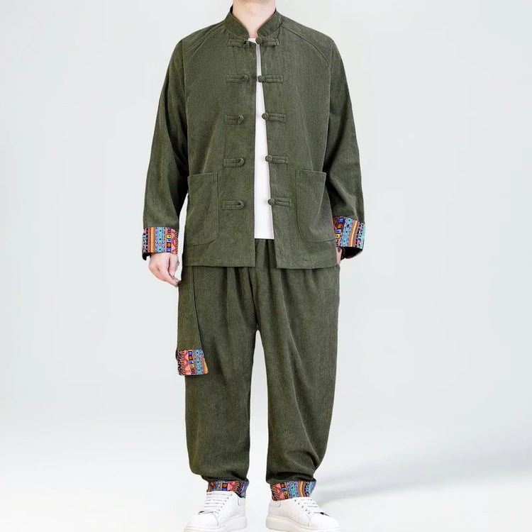2026 Uomini di Stile Cinese Retro Tang Vestito Da Uomo di Velluto A Coste Patchwork Set Stampato Int