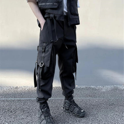 Hip Hop Tactical Cargo Pants Men Multi Pocket Ribbon Design Joggers Trousers 2023 Spring Functional Elastic Waist Pant Black