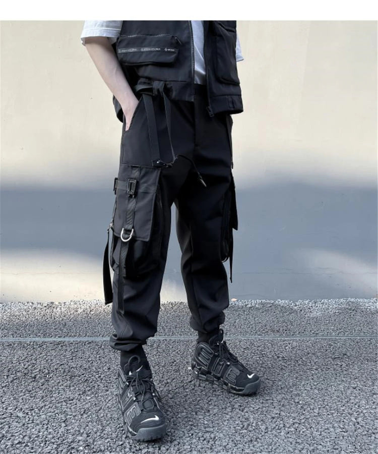 Hip Hop Tactical Cargo Pants Men Multi Pocket Ribbon Design Joggers Trousers 2023 Spring Functional Elastic Waist Pant Black