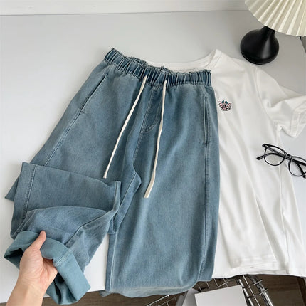 Jeans lavati curvi di seta pantaloni estivi in Denim a gamba larga larghi a vita alta da donna