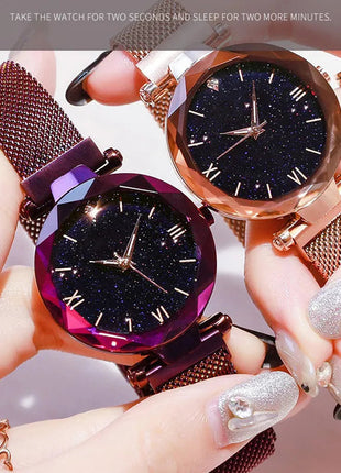 Orologi da donna con cielo stellato alla moda, fibbia magnetica, cintura in rete, orologio al quarzo con diamanti, orologio da donna platinumshop