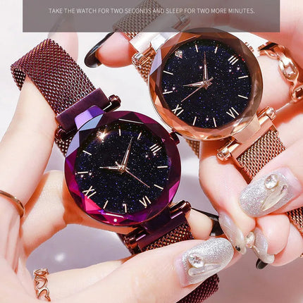 Orologi da donna con cielo stellato alla moda, fibbia magnetica, cintura in rete, orologio al quarzo con diamanti, orologio da donna platinumshop