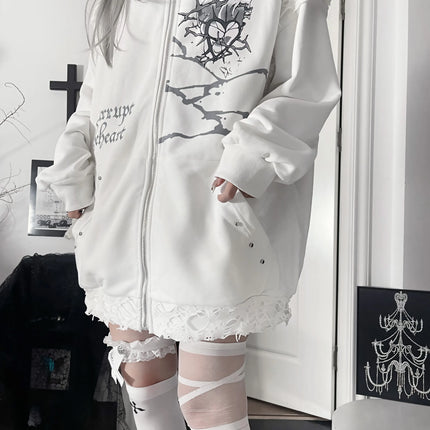 Original Print Subculture Dark Loose Cat Ear Distressed Hooded Sweatshirt Jacket Zip Up Hoodie Oversized Hoodie