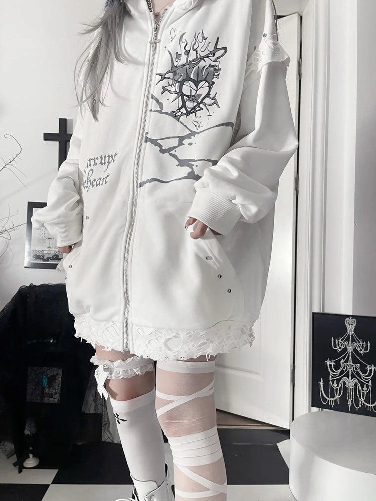 Original Print Subculture Dark Loose Cat Ear Distressed Hooded Sweatshirt Jacket Zip Up Hoodie Oversized Hoodie