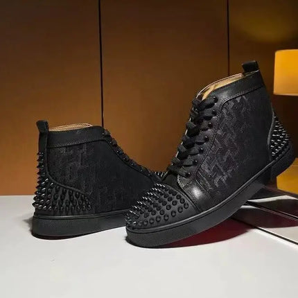 Black Studded Leather Rivets High-Top Sneakers Classic Designer Style Round Toe Men's Sports Shoes Comfort Lace-Up Casual Shoes