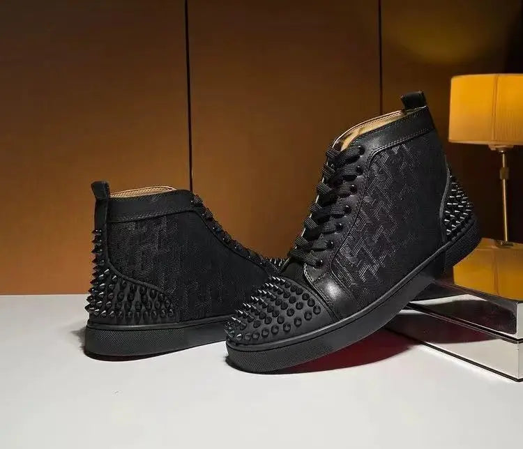 Black Studded Leather Rivets High-Top Sneakers Classic Designer Style Round Toe Men's Sports Shoes Comfort Lace-Up Casual Shoes