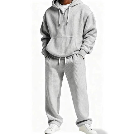 Autumn and Winter Waffle Hooded Sweatshirt Sweatpants Set 3D Printed Casual Sports Suit Men PlatiNum