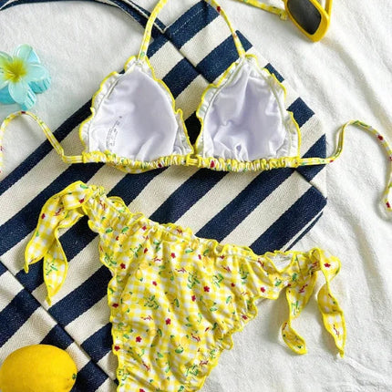 Nuovo Set Bikini Donna Estivo con Stampa Floreale Arancione, Halter con Volant, Push-Up e Perizoma con Laccetti Laterali PlatiNum