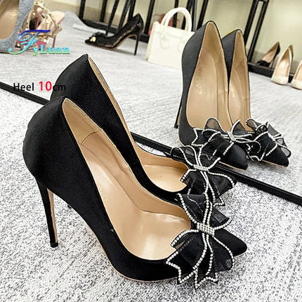 Blingbling strass festa da sera estiva tacchi alti donna 8-12 cm moda fiocco-nodo partito pompe eleganti scarpe da donna taglia 34-45