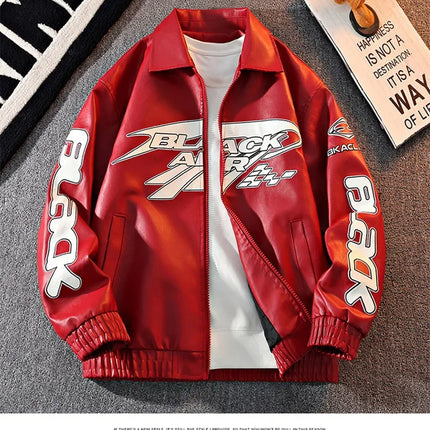 2026 New Men's American Racing Style Printed Leather Jacket Fashion Stand Collar Motorcycle Biker Coat Casual Outerwear PU