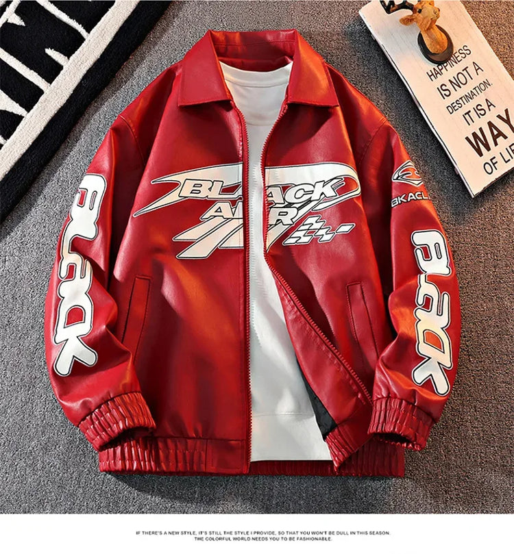 2026 New Men's American Racing Style Printed Leather Jacket Fashion Stand Collar Motorcycle Biker Coat Casual Outerwear PU