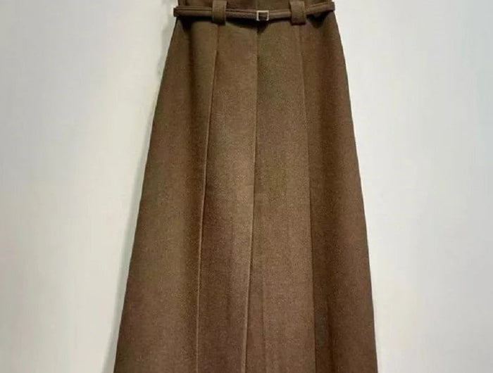 New Arrival Long Skirts 2025 Winter Fashion Women Belt Patchwork Casual Party Long Maxi Khaki Grey Black Wool Pleated Skirts PlatiNum
