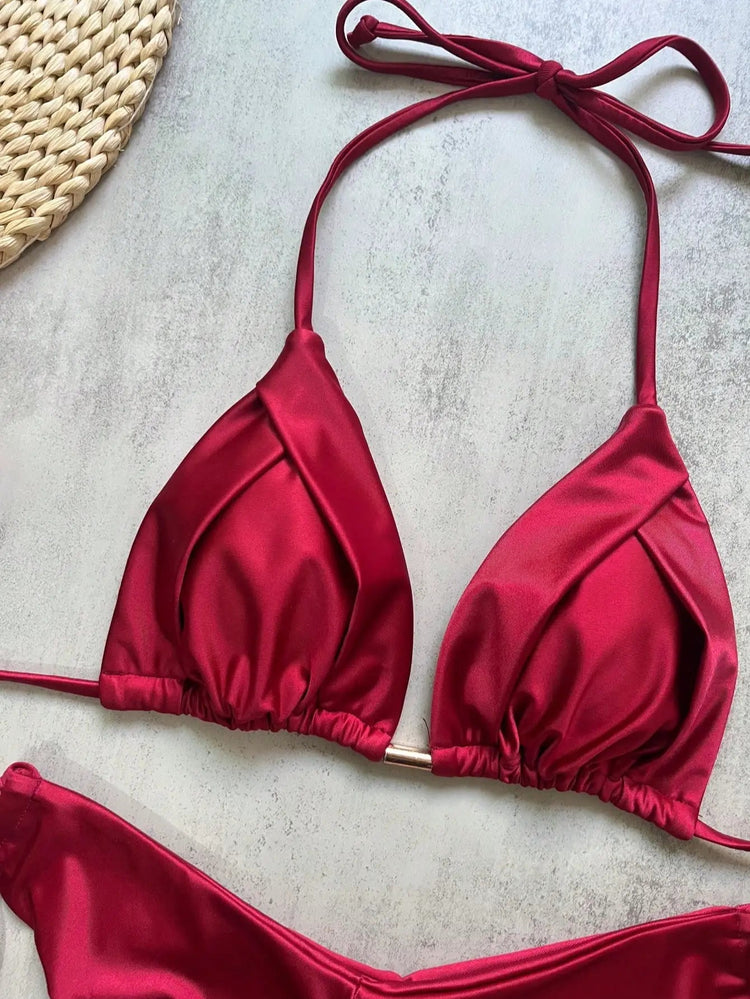 2026 Sexy Bikini a Pieghe Tinta Unita Micro Bikini Donna Costume da Bagno Femminile Triangolare Abbigliamento da Spiaggia platinumshop