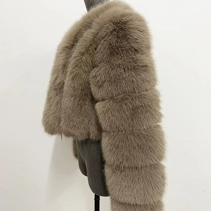 ZADORIN Luxury Cropped White Faux Fox Fur Coat Woman Clothing V Neck Long Sleeve Winter Fluffy Faux Fur Jacket Fur Coats Woman