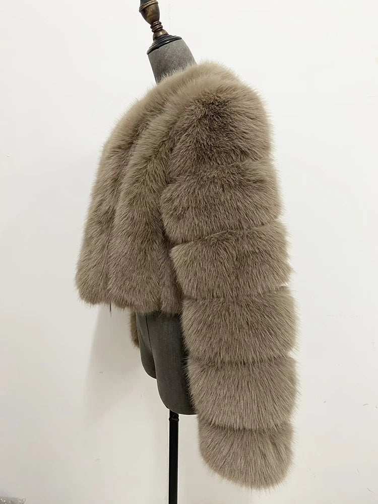 ZADORIN Luxury Cropped White Faux Fox Fur Coat Woman Clothing V Neck Long Sleeve Winter Fluffy Faux Fur Jacket Fur Coats Woman