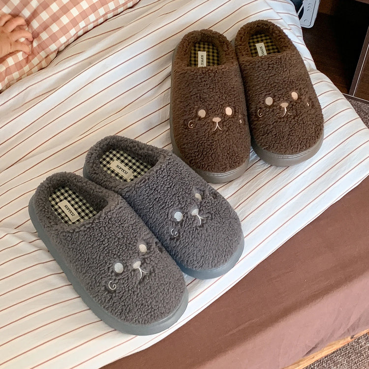 Cute Cat Winter Warm Slippers Women Men Fluffy Plush Home Shoes Red Bowknot Plaid Lining Indoor Bedroom Cotton Slides Mules New