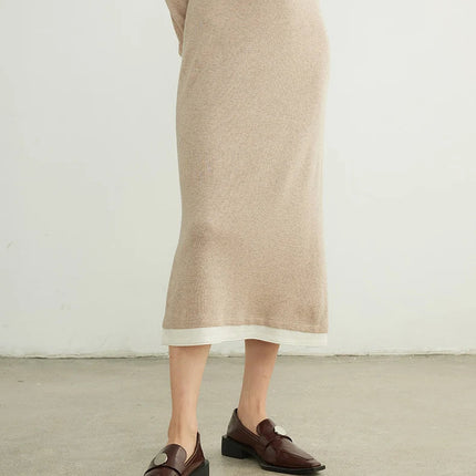 SuyaDream, Women Long Skirt, 32.4%Sheep Wool, Solid Woolen Knitted Skirts, 2024 Autumn Winter Warm Under Dress, Grey, Khaki PlatiNum