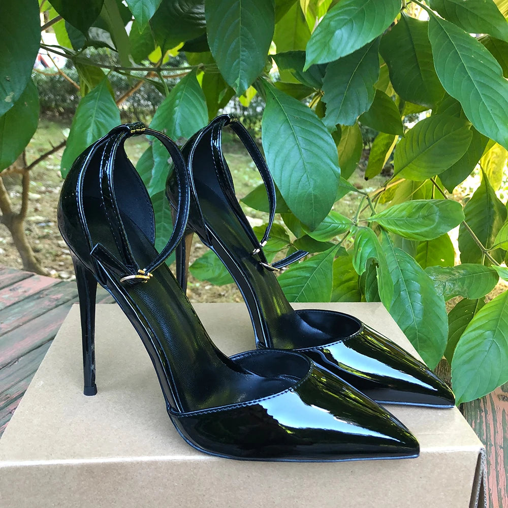 Tikicup Black Patent Pointed-Toe Stiletto Pumps Ankle Strap Elegant High Heel Dress Shoes for Women Evening Events, Office
