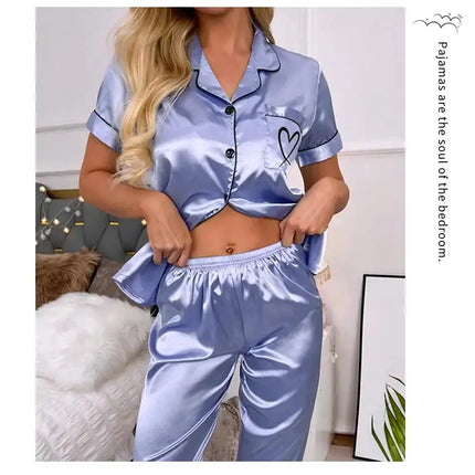 Lussuoso pigiama in raso per donna 2 pezzi pigiama Set tasca cuore ricama pigiameria autunno manica lunga top e pantaloni pigiama femminile platinumshop