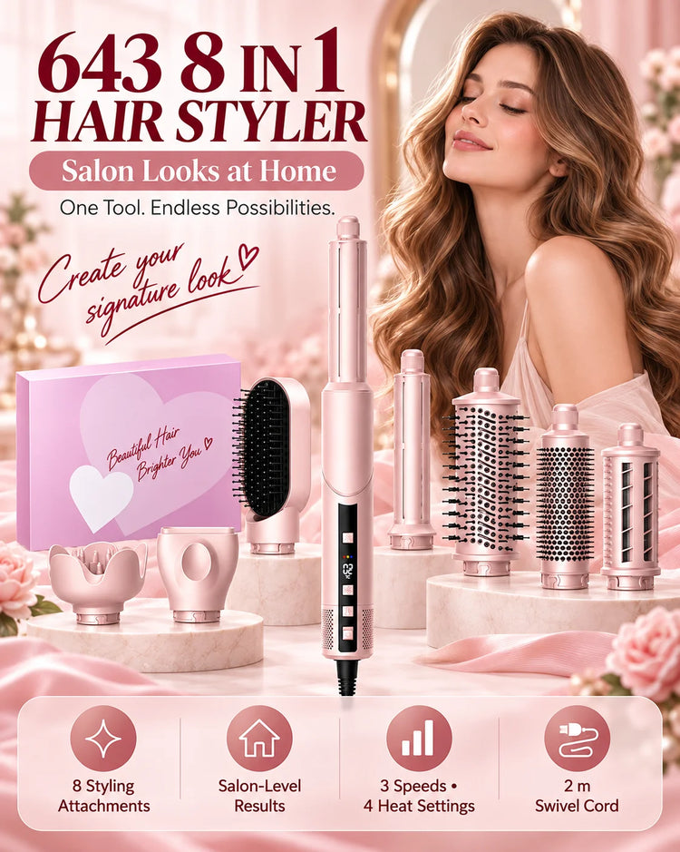 Ukliss Pink 1400W Multi-Styling Negative Ion Hairdryer Comb 8-in-1 Curling Brush Heat Wind Comb Hairdressing Tool