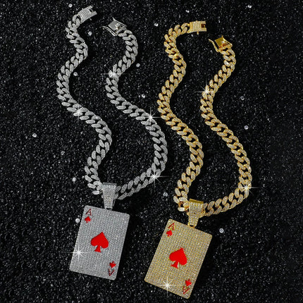 Men Women Hip Hop Poker Pendant Necklace with 13mm Cuban Chain Hiphop Iced Out Red Peach A Necklaces Fashion Punk Jewelry Gifts PlatiNum