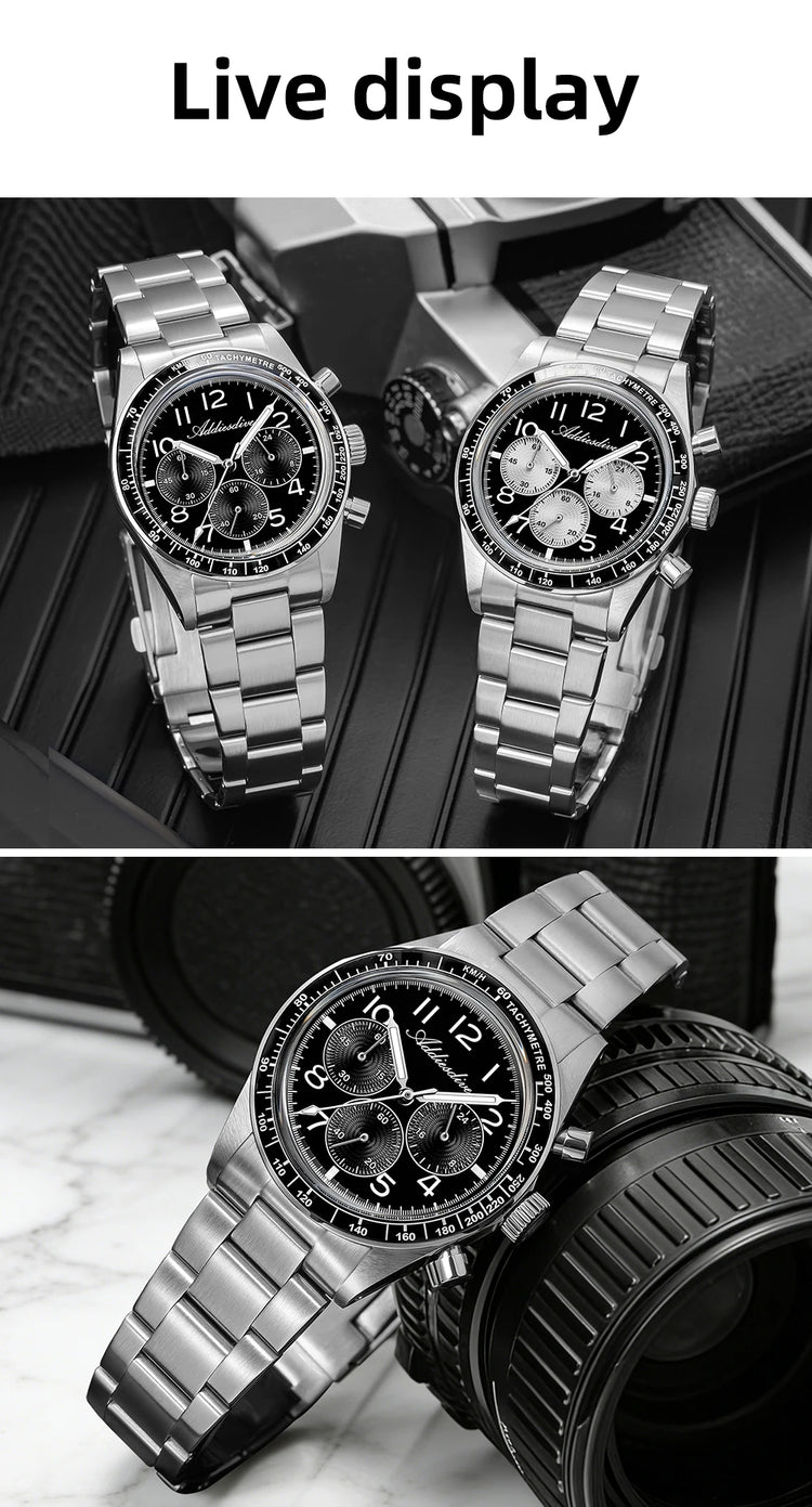 ADDIESDIVE New Chronograph 0S20 Quartz Wristwatch Luxury Men Watch Ceramic Bezel Domed Glass 100m Waterproof BGW9 Luminous