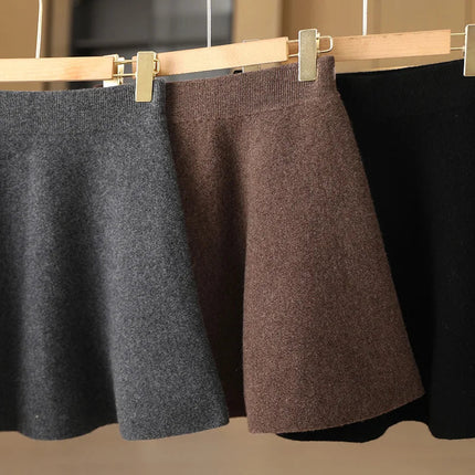 Women's Wool Skirt Autumn Winter Elastic Waist Mini A-Line Cashmere Skirt 100% Merino Wool Knitted Above Knee Preppy Style Dress PlatiNum