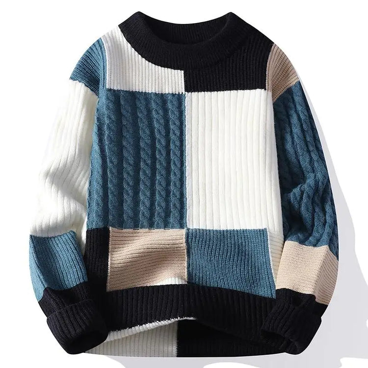 New Trendy Autumn and Winter Jacquard Pattern Pullover Sweater Casual Round Neck Color-Blocking Knit Men's Pullover