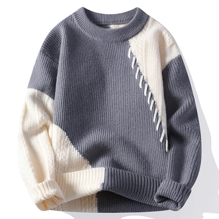 New Trendy Autumn and Winter Jacquard Pattern Pullover Sweater Casual Round Neck Color-Blocking Knit Men's Pullover