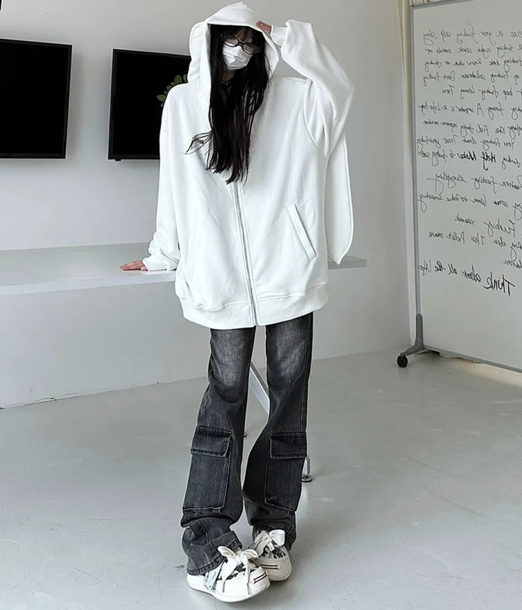 2026 Autumn Kawaii Bunny Big Extra Ears Hoodie Long Sleeve Hooded Sweatshirt Y2K Style Fashion Rabbit Oversized Zip-up Hoodies