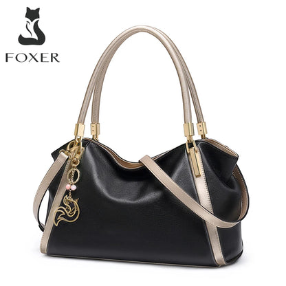 FOXER Women Genuine Leather Handbag Lady Large Capacity Crossbody Shoulder Bags Cowhide Top Handle Tote Festival Gift For Female