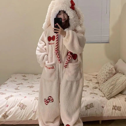Rompers Onesies Anime Pajamas Y2K Kawaii Bow Rabbit Hooded Sleepwear Women Winter Thick Warm Fleece Sweet Cute Home Outfit Women