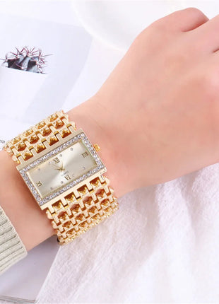 Orologio al quarzo da donna in oro nobile di lusso, orologio da donna con cinturino scheletrato, orologio completo platinumshop