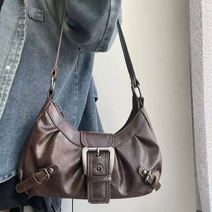 Y2K Vintage Distressed Leather Women Bag Shoulder Bag Maillard Style Underarm Purse Two Tone Crossbody Bag for Women PlatiNum