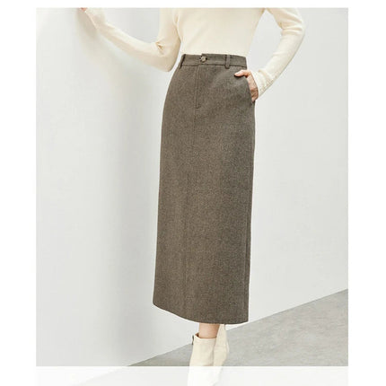 SENTUBILA Straight Wool Skirt Women 2025 Winter Vintage Elegant Tweed High-waist Slit-hem Temperament Long Skirts 144Q56942 PlatiNum