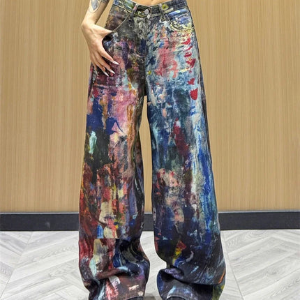 Jeans Americani da Donna a Vita Alta e Gamba Dritta, Pantaloni in Denim Colorati con Effetto Schizzi d'Inchiostro, Pantaloni Larghi Stile Cowboy per l'Autunno