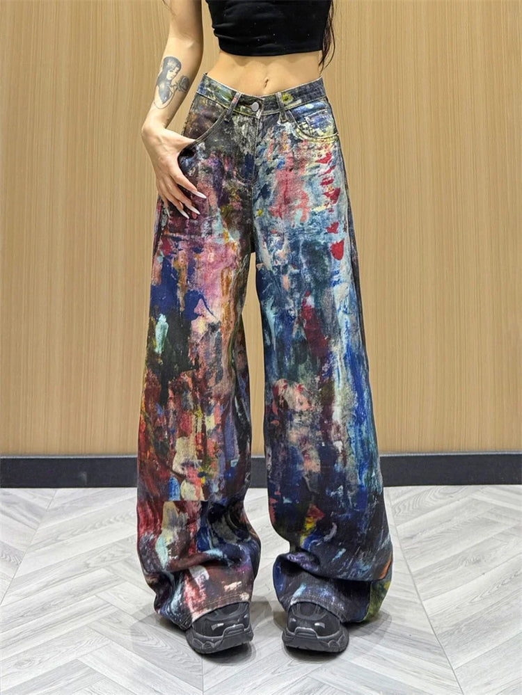 Jeans Americani da Donna a Vita Alta e Gamba Dritta, Pantaloni in Denim Colorati con Effetto Schizzi d'Inchiostro, Pantaloni Larghi Stile Cowboy per l'Autunno