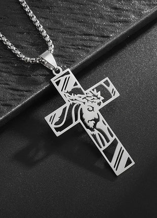 Vintage Christian Ice Crystal Jesus Head Pendant Necklace for Men and Women Cross Catholic Amulet Jewelry PlatiNum