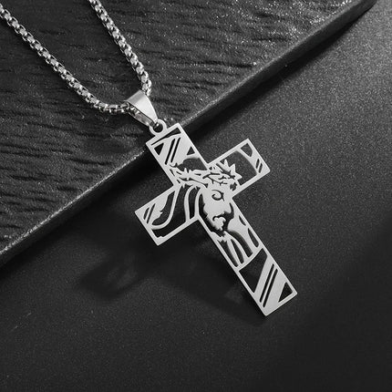 Vintage Christian Ice Crystal Jesus Head Pendant Necklace for Men and Women Cross Catholic Amulet Jewelry PlatiNum